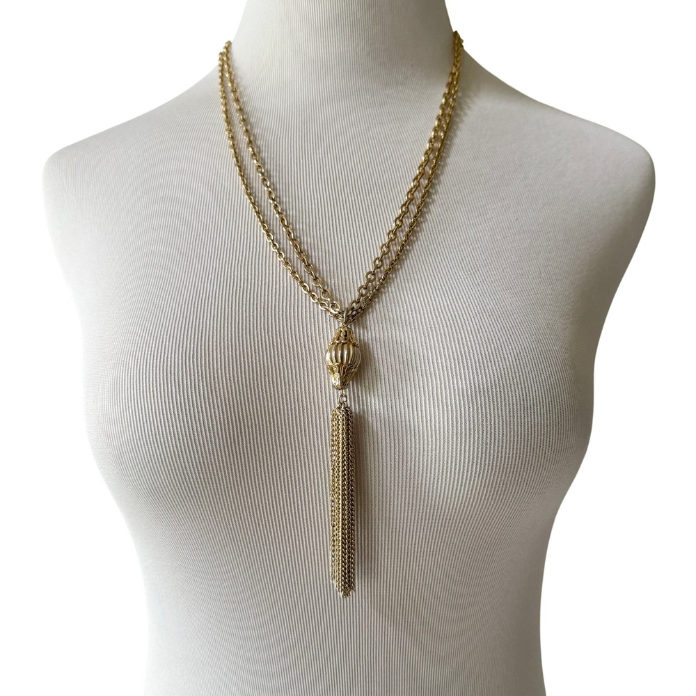Vintage Gold Tassel Necklace Double Strand Chain Boho Festival Classic Glam - Picture 2 of 10